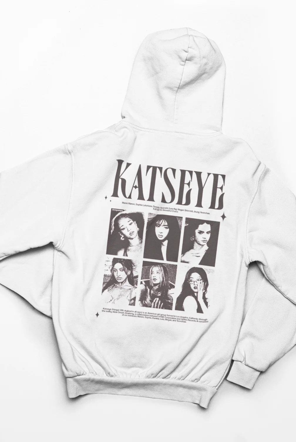 white hoodie with katseye design